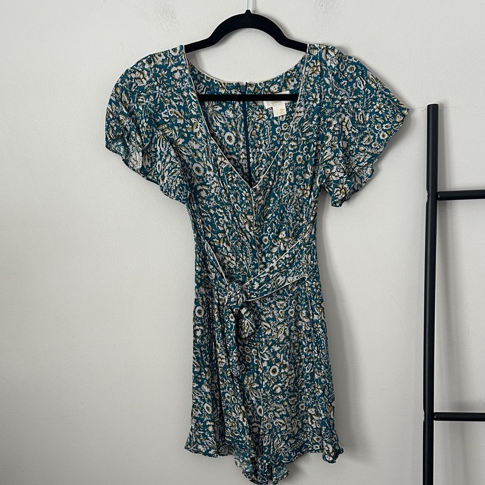 Anthropologie Maeve Teal and Gold Floral Romper